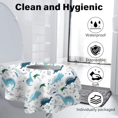 Extra large waterproof toilet seat liner spread over a public restroom bowl demonstrating full coverage.