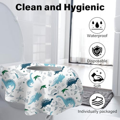 Extra large waterproof toilet seat liner spread over a public restroom bowl demonstrating full coverage.