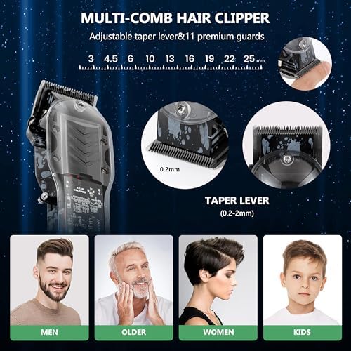 Men's electric barber trimmer kit with eight interchangeable black fade taper guide combs