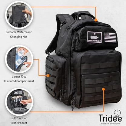 Bolder Babies tactical diaper backpack showcasing the rugged 900D waterproof polyester material