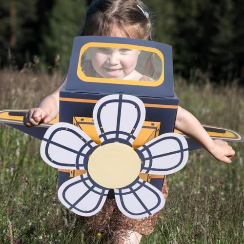 Toddler playing with blue Safigle cardboard plane costume in backyard
