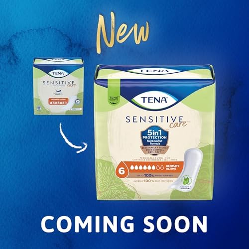 TENA Sensitive Care Ultimate Absorbency pads showcasing the SkinComfort formula details.