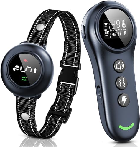 Smart automatic anti-bark collar displaying the five adjustable sensitivity settings on the screen.