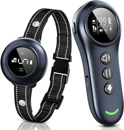 Smart automatic anti-bark collar displaying the five adjustable sensitivity settings on the screen.