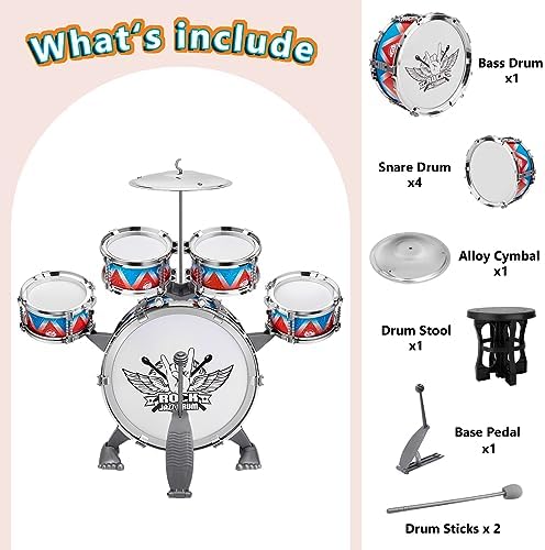 CHADRIGIVS kids musical play set packaged contents including drumsticks and stool accessory