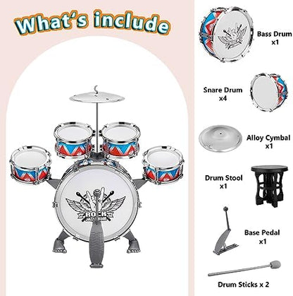 CHADRIGIVS kids musical play set packaged contents including drumsticks and stool accessory