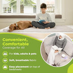 PeapodMats leakproof sand colored underpad demonstrating secure placement without straps