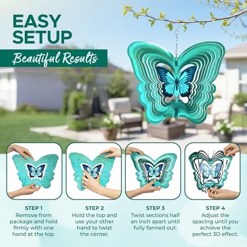 Butterfly garden spinner hanging from a tree branch