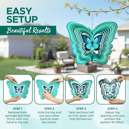 Butterfly garden spinner hanging from a tree branch