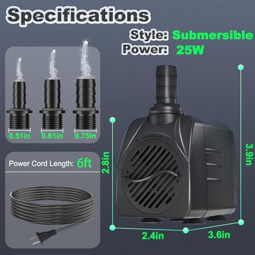 Black 400GPH submersible fountain pump showcasing the 6 feet power cord.