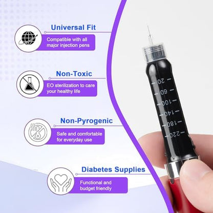 Close up of 31 gauge 5mm ultra fine sterile insulin needle tip for comfortable injections.