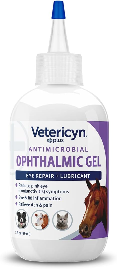 Vetericyn Plus All Animal Eye Gel clear packaging layout with steroid free warning.
