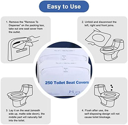 Biodegradable wood pulp toilet liner dissolving safely inside a flushing toilet.