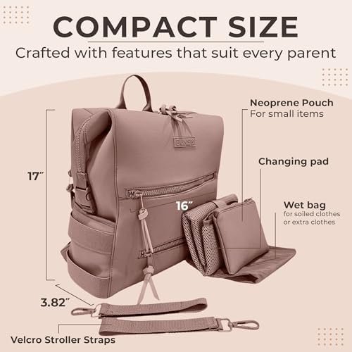 Mauve neoprene diaper bag with included matching accessory pouch and changing pad