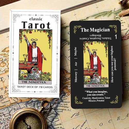 Close up of 78 card tarot deck showing major and minor arcana
