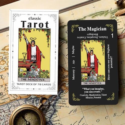 Close up of 78 card tarot deck showing major and minor arcana