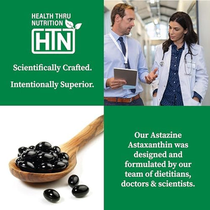 Non GMO and soy free natural astaxanthin softgels showing the USA manufactured packaging details.