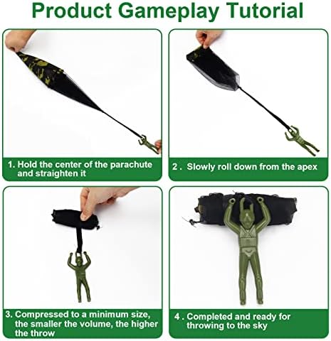 Ten pieces of dark green camo parachute army men arranged neatly to display the full pack contents