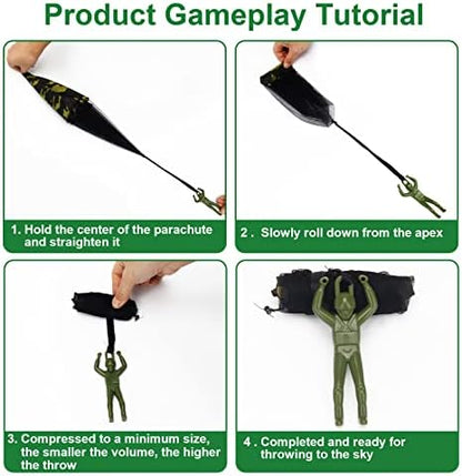 Ten pieces of dark green camo parachute army men arranged neatly to display the full pack contents