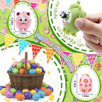 A child opening a pink plastic egg to reveal a small elephant silicone bubble fidget reward.
