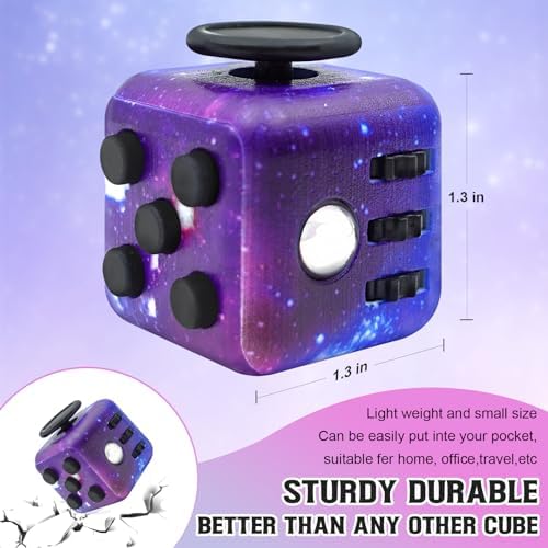 Close up of the rainbow colored six sided fidget cube highlighting the tactile buttons and joystick.