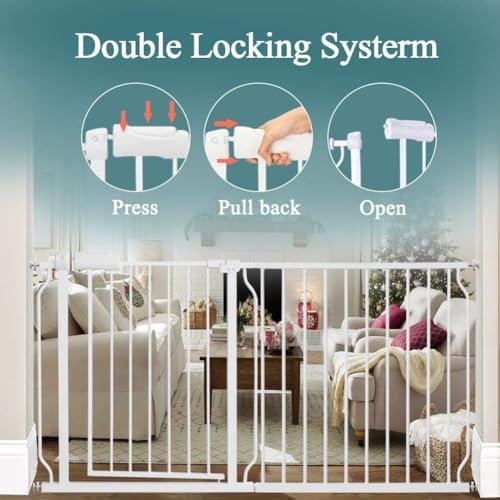ALLAIBB white safety gate with extension bars adjusting to wide kitchen entryway