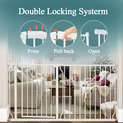 ALLAIBB white safety gate with extension bars adjusting to wide kitchen entryway