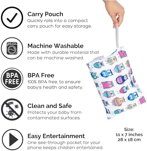 Suessie protective infant travel seat cover folded neatly into its compact self contained carry pouch.