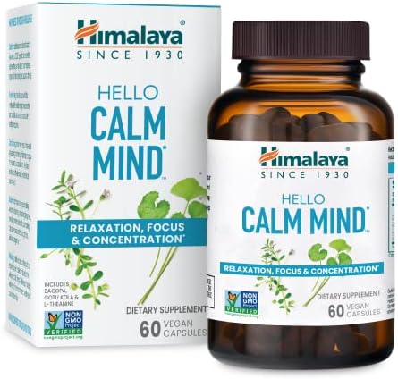 Himalaya Hello Calm Mind dietary supplement ingredients label showing Bacopa and L-Theanine
