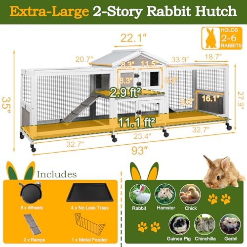 PetsCosset Double Rabbit Hutch Outdoor Indoor Large Bunny Cage with Dual Side Runs, 2-Story Wooden Hutch with 4 Leak Proof Trays, 8 Wheels, Waterproof Roof, Ramp, for Small to Medium Animals - Image 3