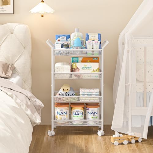 Baby essentials stored on 4-tier metal utility organizer