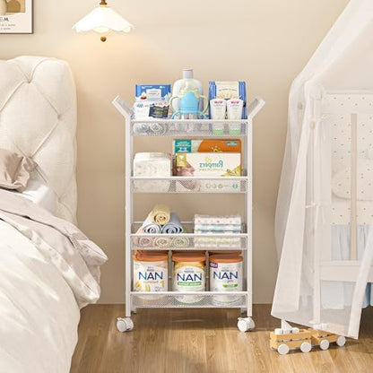 Baby essentials stored on 4-tier metal utility organizer