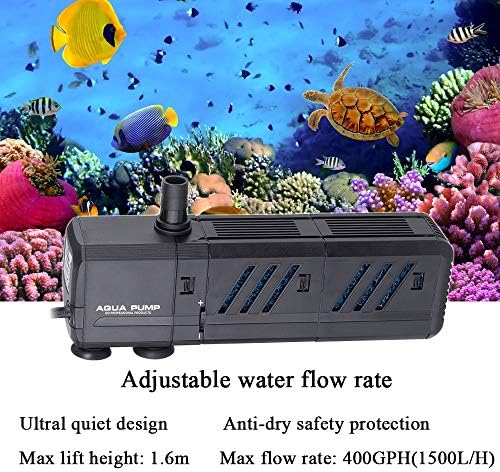 MQ 15W water circulation pump shown alongside the included interchangeable fountain nozzles.