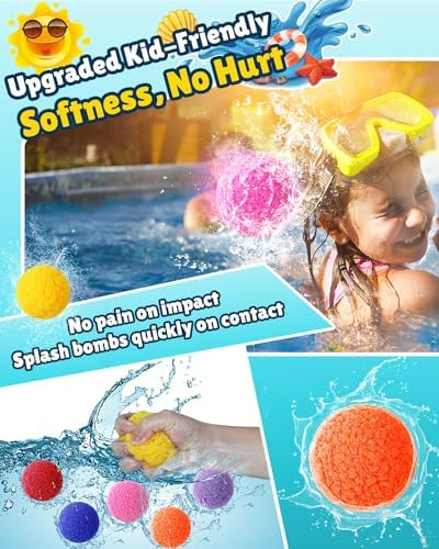 Refillable splash balls in six bright colors being submerged in a pool bucket