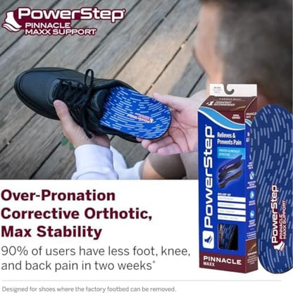 PowerStep Pinnacle Maxx orthotic insoles inside a shoe demonstrating fit and stability.