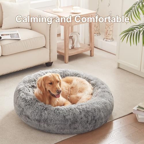 36 inches Donut Dog Bed for Large Dogs - Calming Fluffy Round Pet Bed with Removable & Washable Cover,Fits up to 80 lbs Pets (Dark Grey,Large) - Image 3