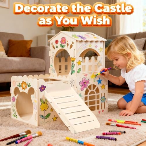 Large Rabbit House, Wooden Bunny Castle with 3 Houses Indoor, Rabbit Guinea Pig Cage Multistory Climbing Tower Sturdy Wooden Castle, Small Animal Hideaway Tunnel - Image 6