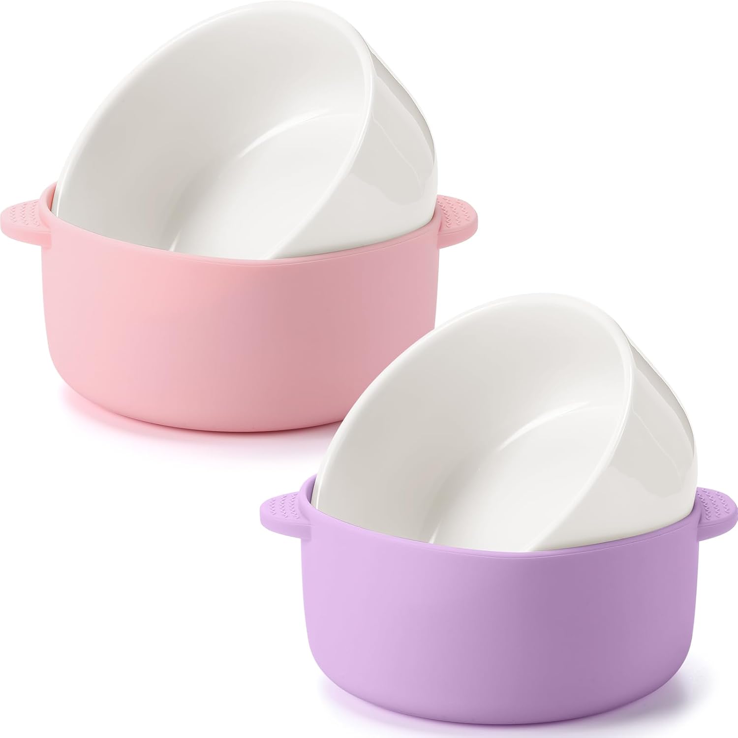 Domensi kids porcelain bowls with pink and purple silicone sleeves front view