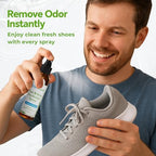 Two bottles of ORIENTLEAF shoe odor eliminator in different sizes for home and travel use.