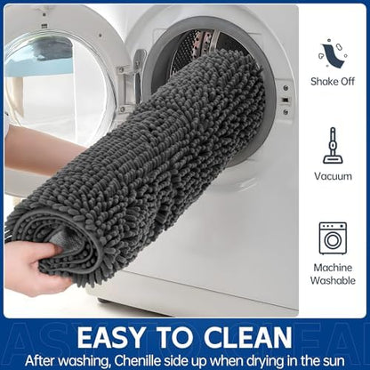 Naturei large grey chenille mat spread out in a modern living room for pets.