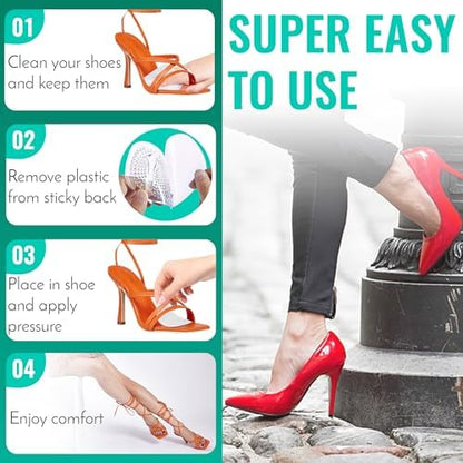 Comfwalk StepEase pads being applied to the inside of a high heel shoe for anti-slip support.