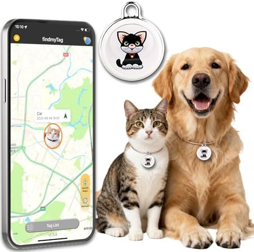 Vebiso waterproof pet tracking tag attached to a dog collar during an outdoor walk.