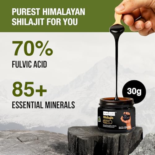 Organic shilajit resin features fulvic acid minerals and serves as a natural health supplement.
