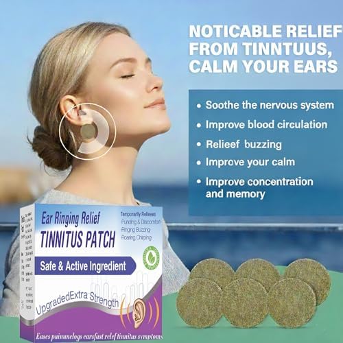 Illustration showing patch application behind the ear for tinnitus relief.