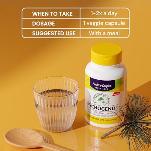Healthy Origins Pycnogenol packaging details and non-GMO certification marks