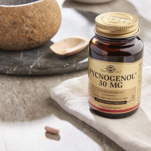 Authentic USA imported Solgar Pycnogenol 30 Mg glass bottle showing capsule quantity and directions.