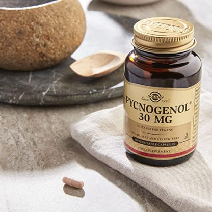 Authentic USA imported Solgar Pycnogenol 30 Mg glass bottle showing capsule quantity and directions.