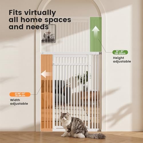 Pressure mounted tall pet gate securing a kitchen entryway.