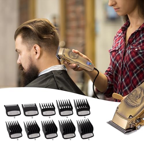 Close up view of the DNSHAN hair clipper guide showing the heavy duty stainless steel metal attachment clip on the plastic base.