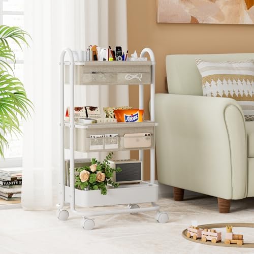 Modanais mobile utility cart with wheels positioned next to a wooden baby crib in a modern bedroom setting.